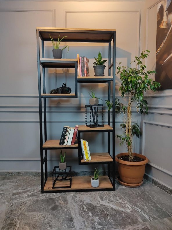 Dekoratif Ahşap Ve Metal Kitaplık Çok Amaçlı Raf Ev Ofis Kitaplık