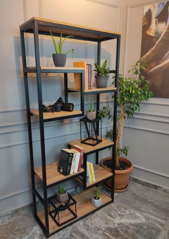 Dekoratif Ahşap Ve Metal Kitaplık Çok Amaçlı Raf Ev Ofis Kitaplık - 3