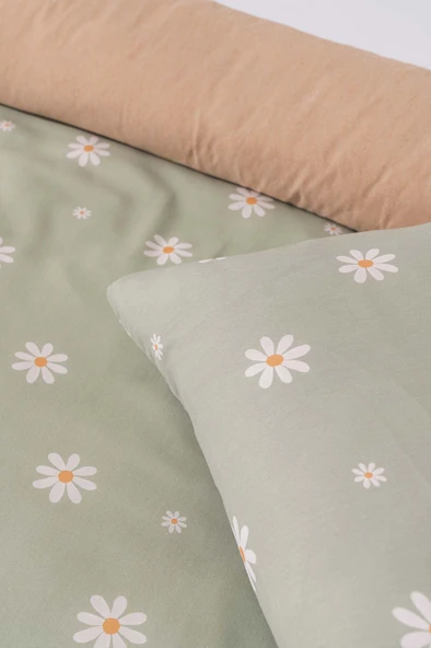 Rivaİstanbul Minimal Yeşil Papatya Çift Kişilik Nevresim Takımı Pamuklu - Resim 5