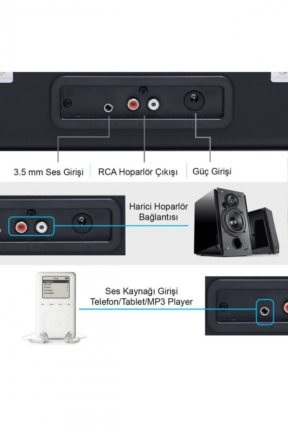 Record Master Vintage Bluetooth Özellikli Pikap Plak Çalar - Siyah - 4