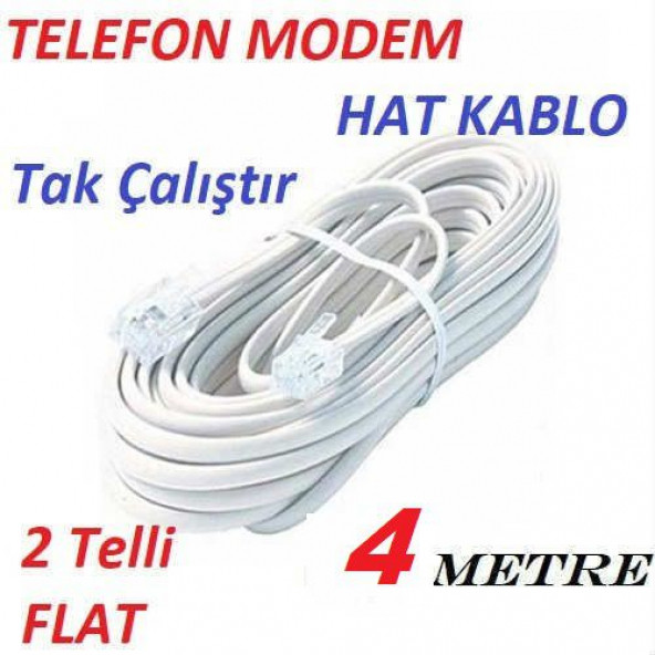 4 METRE ADSL MODEM TELEFON HAT KABLO 4 MT RJ 11 HAZIR UC JAKLI ARA KABLO