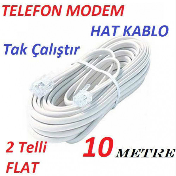 10 METRE ADSL MODEM TELEFON HAT KABLO 10 MT RJ 11 HAZIR UC JAKLI ARA KABLO