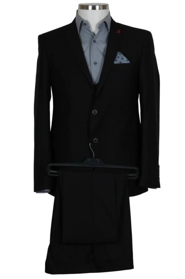 Erkek Siyah Takım Elbise Yelekli Dar Kesim RAR00697