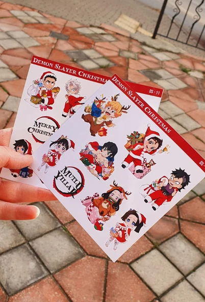 Demon Slayer-Merry Christmas- Yılbaşı 2li çıkartma-etiket-süsleme-hediye- başarı çıkartmaları - Resim 7