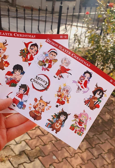 Demon Slayer-Merry Christmas- Yılbaşı 2li çıkartma-etiket-süsleme-hediye- başarı çıkartmaları - Resim 6