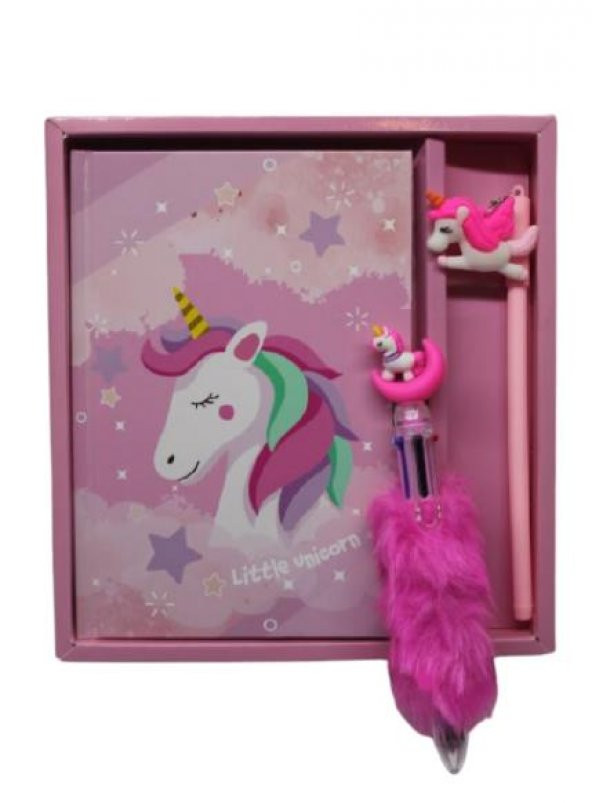 Kilitli Hatıra Anı Defteri Little Unicorn + 6 Renkli Peluş Tükenmez Kalem