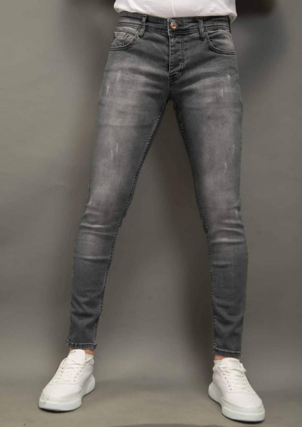 Erkek Gri Kot Pantolon SkinnyFit Bıyıklı Taşlı Hendricks 1196-1