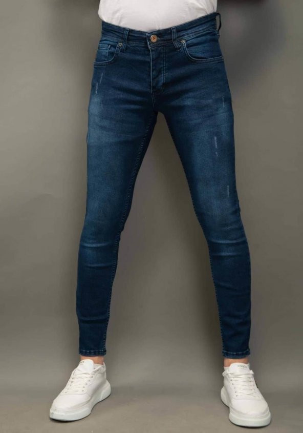 Erkek Mavi Kot Pantolon SkinnyFit Bıyıklı Taşlı Hendricks 1155-2