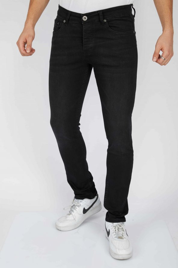 Erkek Siyah Kot Pantolon SlimFit Düğmeli Bıyıklı Black Craft A22402