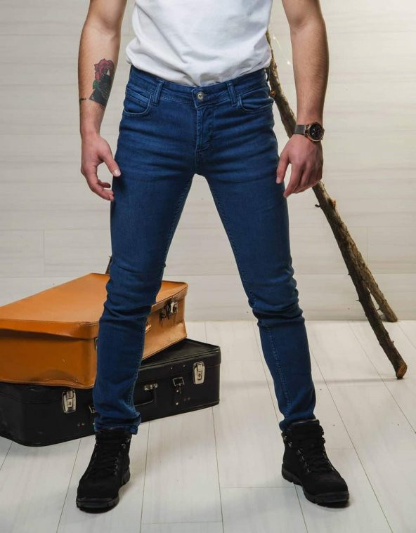 Erkek Koyu Mavi Kot Pantolon SlimFit Likralı Deep Brown Crom Navy