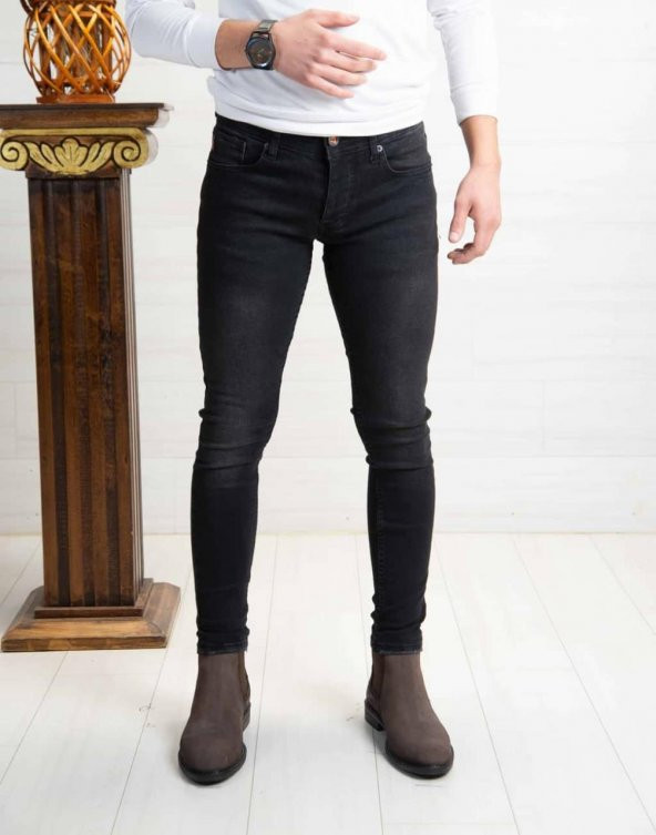 Erkek Siyah Kot Pantolon SkinnyFit Hafif Bıyıklı Hendricks 1186-2
