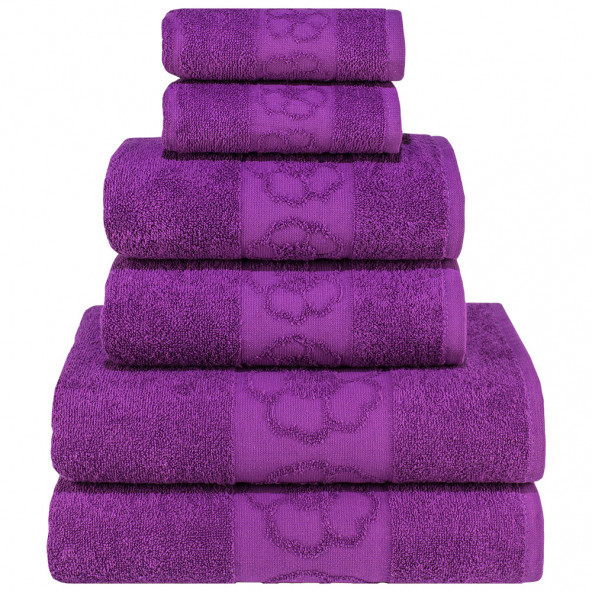 Textile Colors Menekşe Desenli 100 Pamuk Banyo Havlu Seti 6 Adet, 2 Banyo havlusu, 2 El Havlusu, ve 2 Yüz Havlusu, -Comfort- Violet, - 2