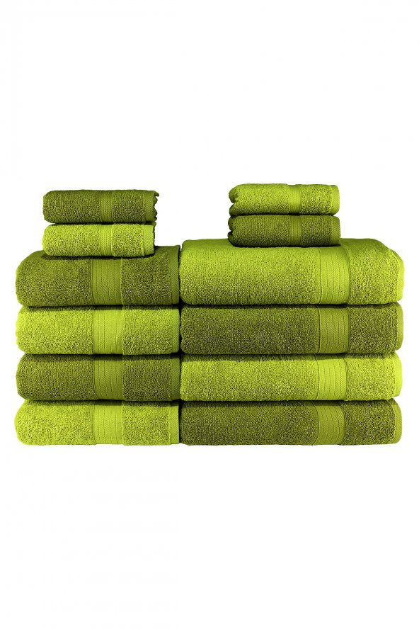 Textile Colors Bordür Desenli 100 Pamuk Banyo Havlu Seti 12 Adet, 4 Banyo Havlusu, 4 El Havlusu, ve 4 Yüz Havlusu, -Vision- Açık Yeşil, Yeşil - 2
