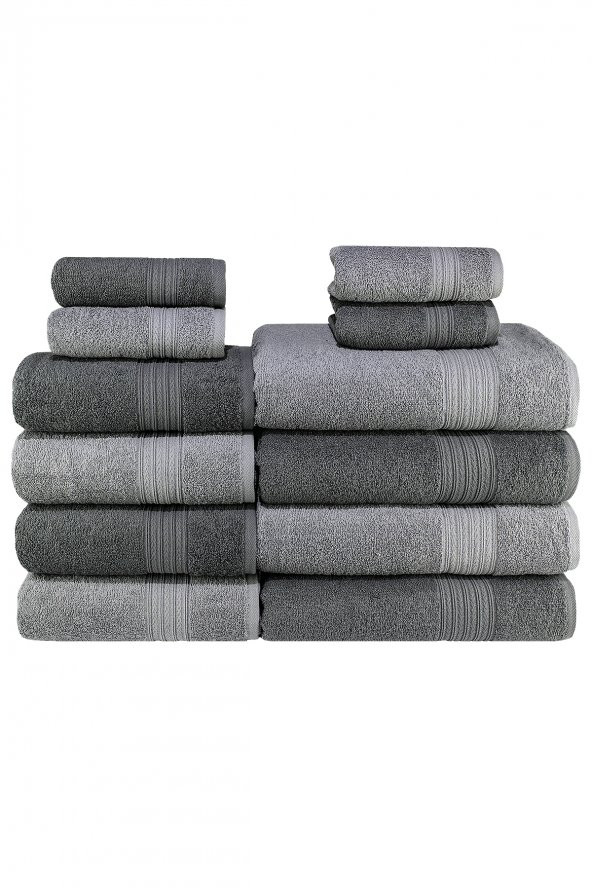 Textile Colors Bordür Desenli 100 Pamuk Banyo Havlu Seti 12 Adet, 4 Banyo Havlusu, 4 El Havlusu, ve 4 Yüz Havlusu, -Vision- Coolgri7, Coolgri11, - 2