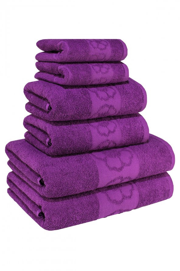 Textile Colors Menekşe Desenli 100 Pamuk Banyo Havlu Seti 6 Adet, 2 Banyo havlusu, 2 El Havlusu, ve 2 Yüz Havlusu, -Comfort- Violet,