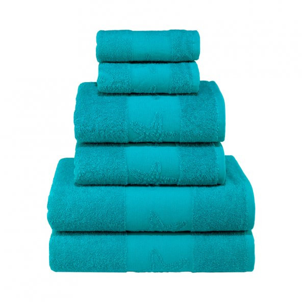 Textile Colors Deniz Yıldızı Desenli 100 Pamuk Banyo Havlu Seti 6 Adet, 2 Banyo Havlusu, 2 El Havlusu, ve 2 Yüz Havlusu, -Comfort- Aqua - 4