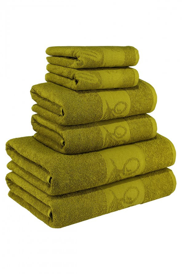 Textile Colors Zeytin Desenli 100 Pamuk Banyo Havlu Seti 6 Adet, 2 Banyo havlusu, 2 El Havlusu, ve 2 Yüz Havlusu, -Style- Açık Zeytin Yeşil,
