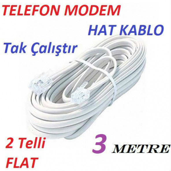3 METRE ADSL MODEM TELEFON HAT KABLO 3 MT RJ 11 HAZIR UC JAKLI ARA KABLO