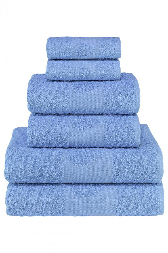 Su Damlası Desenli 100 Pamuk Banyo Havlu Seti 6 Adet, 2 Banyo Havlusu, 2 El Havlusu, ve 2 Yüz Havlusu, -Comfort- Açık Mavi, - 2
