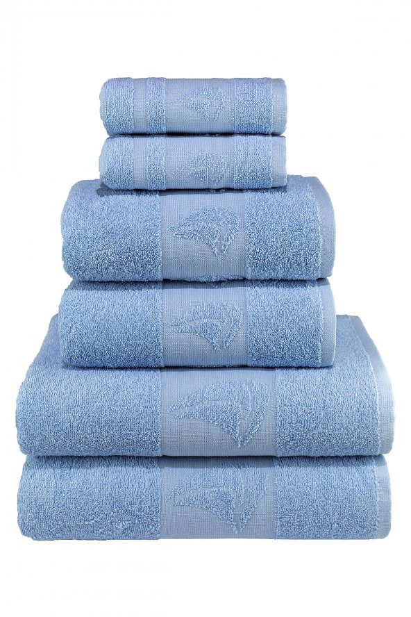 Textile Colors Yelken Desenli 100 Pamuk Banyo Havlu Seti 6 Adet, 2 Banyo Havlusu, 2 El Havlusu, ve 2 Yüz Havlusu, -Elegance- , Açık Mavi - 2