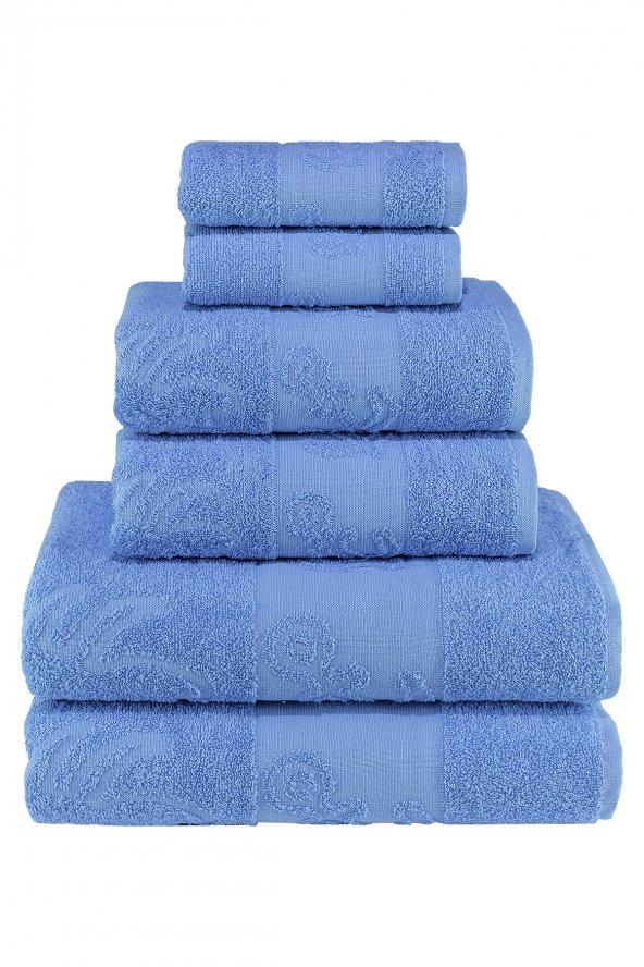 Textile Colors Deniz Kızı Desenli 100 Pamuk Banyo Havlu Seti 6 Adet, 2 Banyo Havlusu, 2 El Havlusu, ve 2 Yüz Havlusu, -Elegance- Açık Mavi, - 2