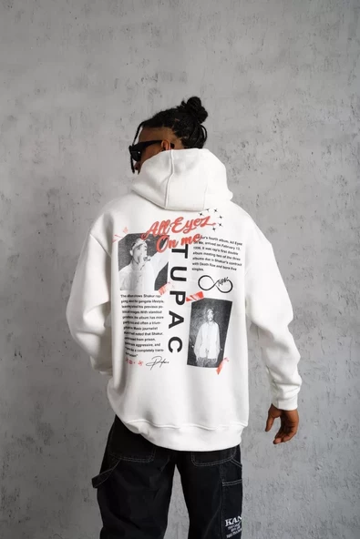 Erkek Ön Arka Baskılı Kapşonlu SweatShirt - Beyaz - 5