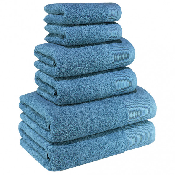 Textile Colors Bordür Kenar Desenli 100 Pamuk Banyo Havlu Seti 6 Adet, 2 Banyo Havlusu, 2 El Havlusu, ve 2 Yüz Havlusu, -Exclusive- Mavi,