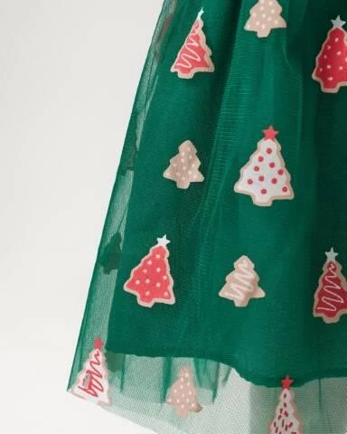 Kız Çocuk Tütülü Yılbaşı Ağacı Desenli Elbise - Resim 6
