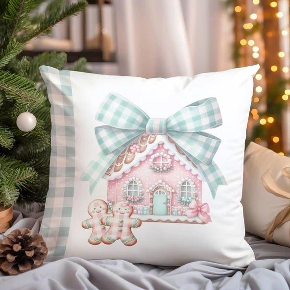 Yılbaşı, Christmas, Kış, Winter Serisi Mint Ekoseli Kırlent - Kırlent Kılıfı ürün görseli