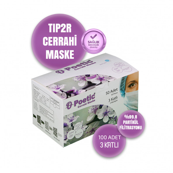 Poetic Naturel Tip 2R Cerrahi Maske Mavi 100 Adet Maske - 10'lu Poşet