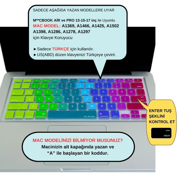 Macbook Klavye Air Pro Koruyucu Dazzle (US to TR) (Eski USB'li Model 2008/2017) ile Uyumlu - 2