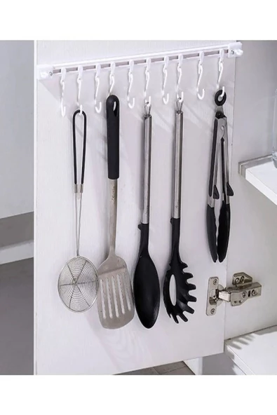 Hareketli 10 Kancalı Kendinden Yapışkanlı Askı 40cm Mutfak Banyo Hol Antre Anahtar Askısı Delmeden - 8