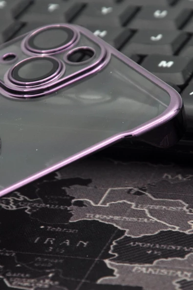 iPhone 14 Uyumlu Mor Renkli İnce Kenarlı Şeffaf Sert Kapak Kılıf - Resim 3