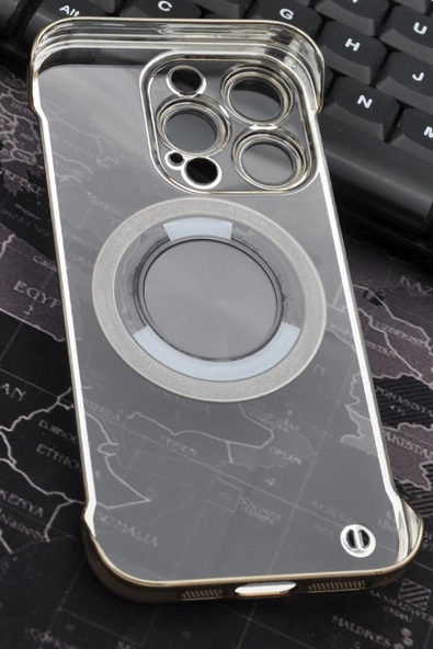 iPhone 13 Pro Uyumlu Altın Sarı Gold Renkli İnce Kenarlı Şeffaf Sert Kapak Kılıf - Resim 5