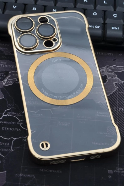 iPhone 14 Pro Uyumlu Altın Sarı Gold Renkli İnce Kenarlı Şeffaf Sert Kapak Kılıf ürün görseli