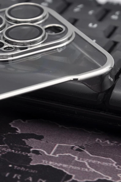 iPhone 14 Pro Uyumlu Gümüş Gri Silver Renkli İnce Kenarlı Şeffaf Sert Kapak Kılıf - Resim 3