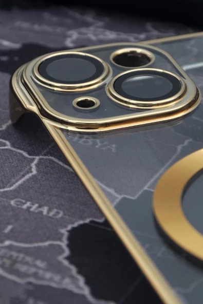 iPhone 14 Uyumlu Altın Sarı Gold Renkli İnce Kenarlı Şeffaf Sert Kapak Kılıf - Resim 2