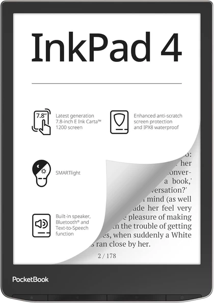 PocketBook InkPad 4 | 7,8ʺ E-Ink E-Kitap Okuyucu | Metinden Sese Fonksiyonu | Dahili Hoparlör | Ayarlanabilir Akıllı Işık | IPX8 Su Geçirmez | Stardust Silver