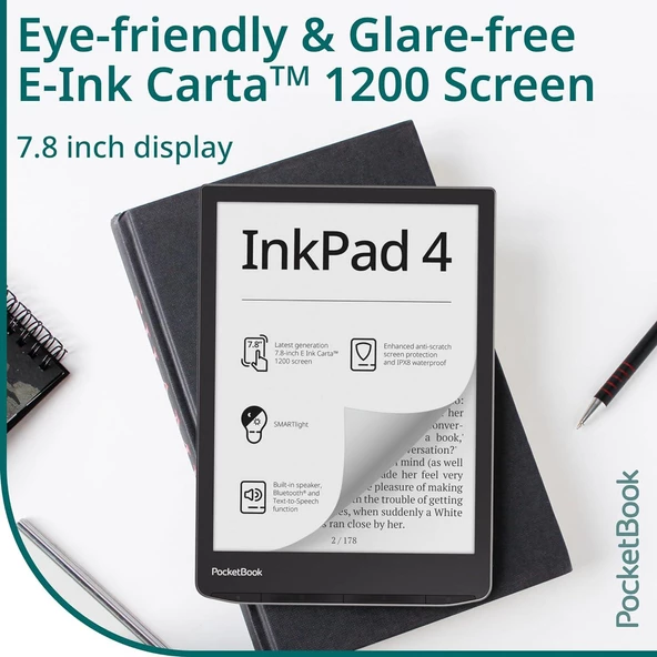 PocketBook InkPad 4 | 7,8ʺ E-Ink E-Kitap Okuyucu | Metinden Sese Fonksiyonu | Dahili Hoparlör | Ayarlanabilir Akıllı Işık | IPX8 Su Geçirmez | Stardust Silver - Resim 7