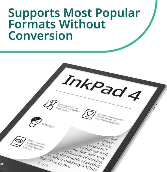 PocketBook InkPad 4 | 7,8ʺ E-Ink E-Kitap Okuyucu | Metinden Sese Fonksiyonu | Dahili Hoparlör | Ayarlanabilir Akıllı Işık | IPX8 Su Geçirmez | Stardust Silver - Resim 8