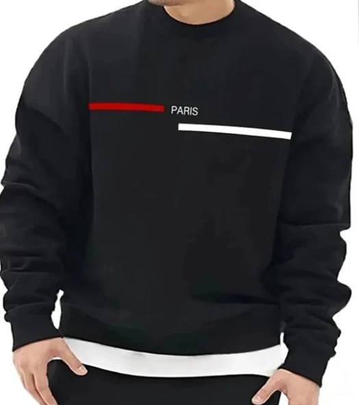 Oversize Paris Şerit Baskılı Pamuklu Kapşonsuz Bisiklet Yaka Unisex Sweatshirt