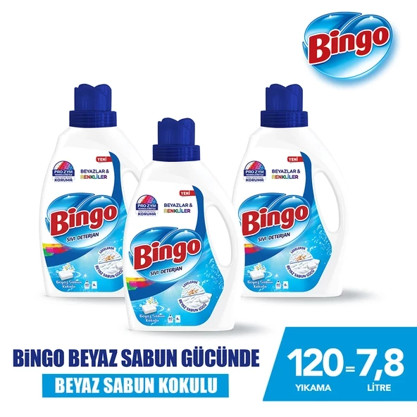 Bingo Sıvı Performans Çamaşır Deterjanı Beyaz Sabun 2600 ml 3lü