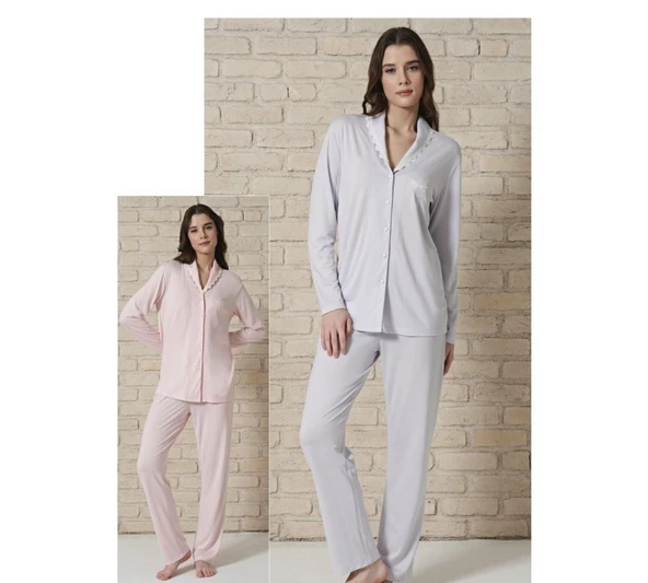 Pijadore Kadın Viskon Önü Düğmeli Uzun Kollu Pijama Takımı 1704 - 5