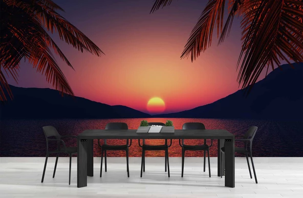 Günbatımı Deniz ve Palmiye Manzaralı Duvar Kağıdı - Resim 5