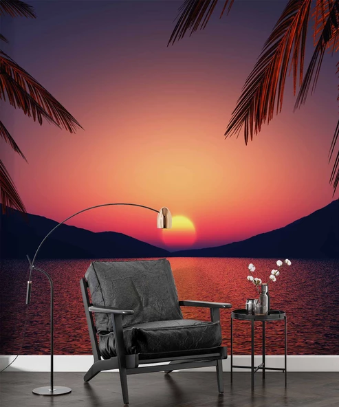 Günbatımı Deniz ve Palmiye Manzaralı Duvar Kağıdı - Resim 6