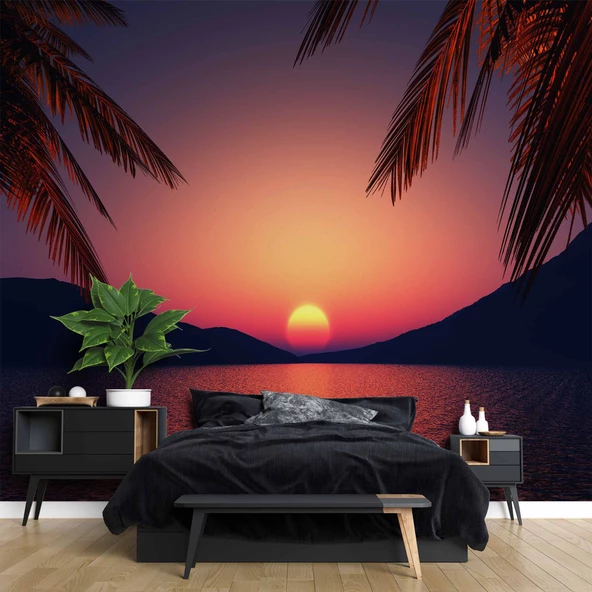 Günbatımı Deniz ve Palmiye Manzaralı Duvar Kağıdı - Resim 2
