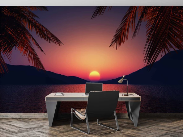 Günbatımı Deniz ve Palmiye Manzaralı Duvar Kağıdı - Resim 4