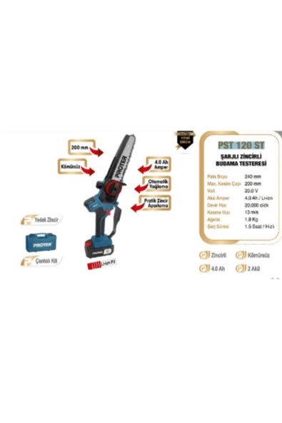 Proter PST 120 ST Şarjlı Kömürsüz Akülü Dal Budama Testeresi 20V 4.0Ah