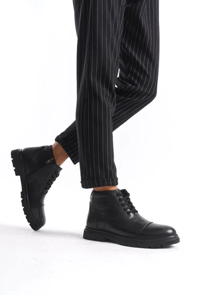 Erkek Hakiki Deri Bağcıklı Kısa Düz Bot Fermuarlı Tırtık Taban Erkek Kışlık Bot - Resim 4