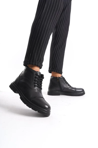 Erkek Hakiki Deri Bağcıklı Kısa Düz Bot Fermuarlı Tırtık Taban Erkek Kışlık Bot - Resim 3